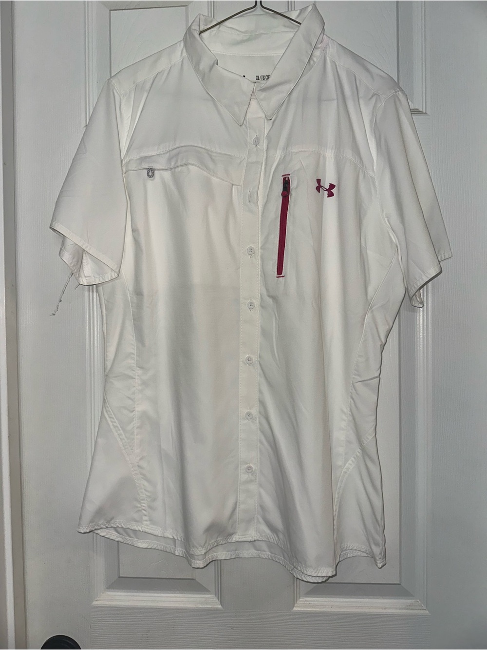 Under Armour White Short-Sleeve Button-Front Shirt with Pink Accents